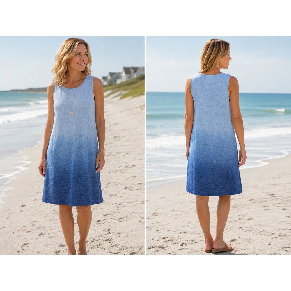 Pure Jill Blue Ombre Sleeveless Dress Women L Cotton Slub Knit Coastal Beachy